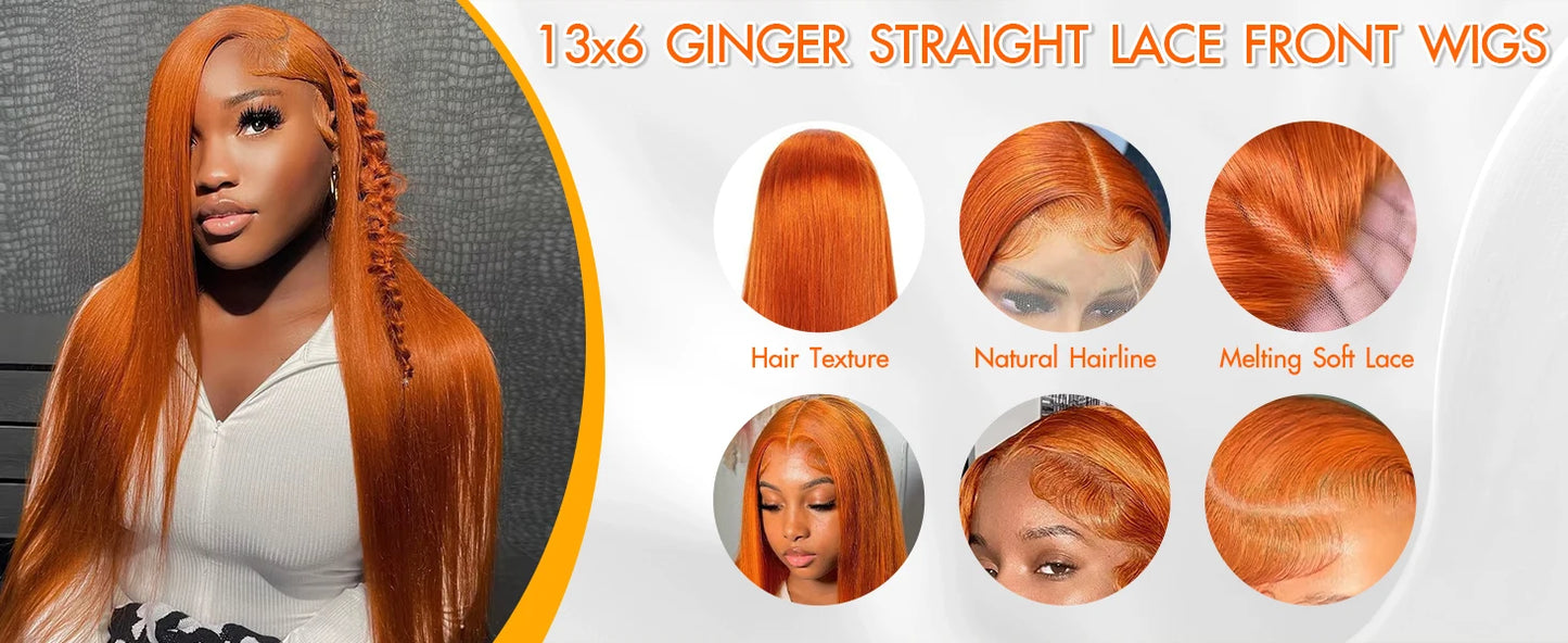 Bone Straight 13x6 Lace Front Wigs Human Hair 200% Density Ginger Colored HD Transparent Lace Frontal Wig Pre Plucked Remy Hair