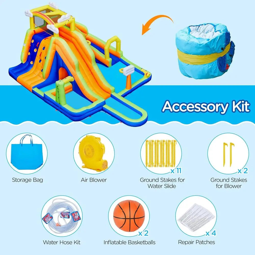 10-in-1 Rainbow Combo Water Slide with 2 Pools, Climbing Wall, Tunnel, and Double Slides for Kids 3-10 Years, 650W Blower Includ