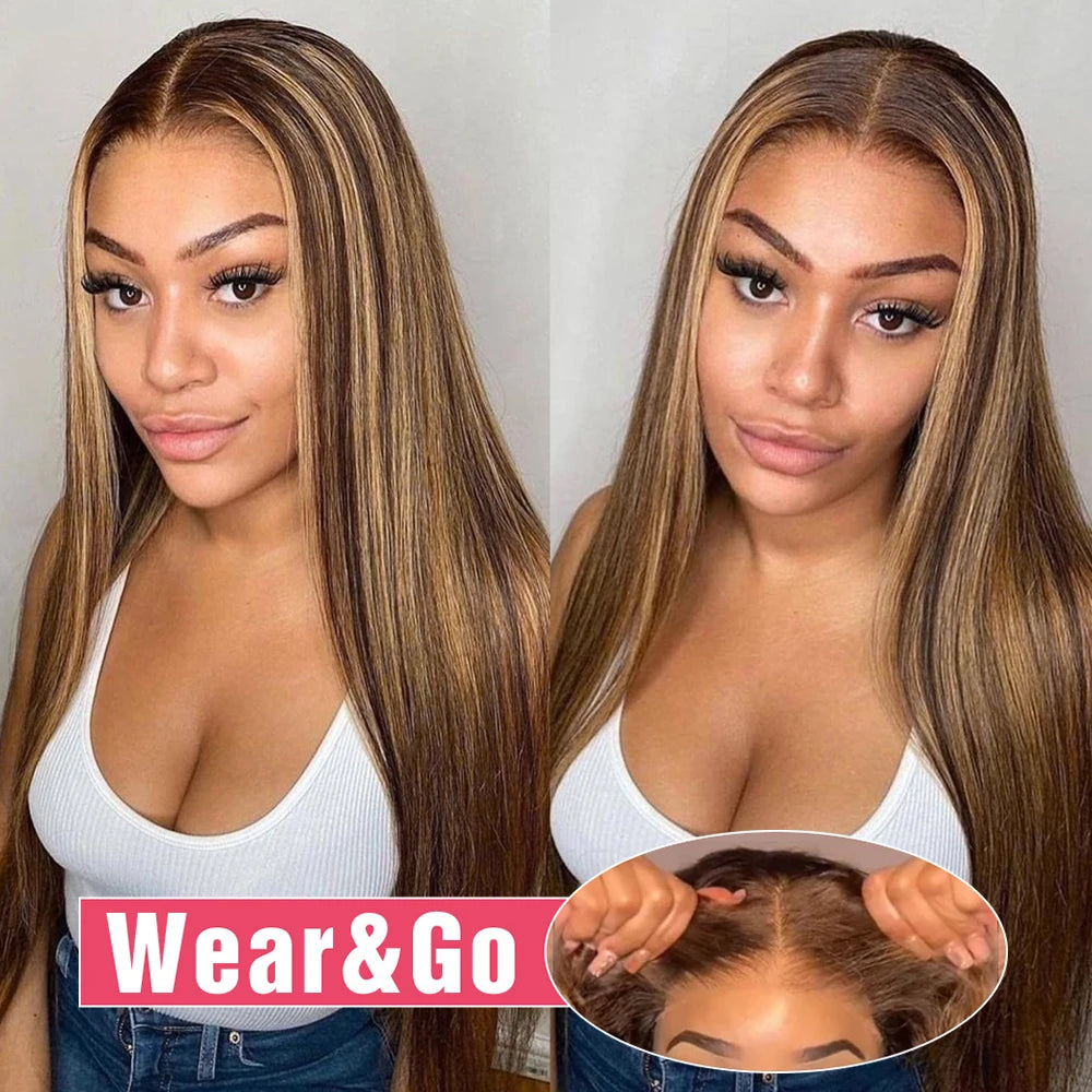 Highlight Glueless Wigs Human Hair Ready To Wear Pre Cut Preplucked Straight 4/27 Ombre 13x6 HD Lace Frontal Wig Human Hair 200%