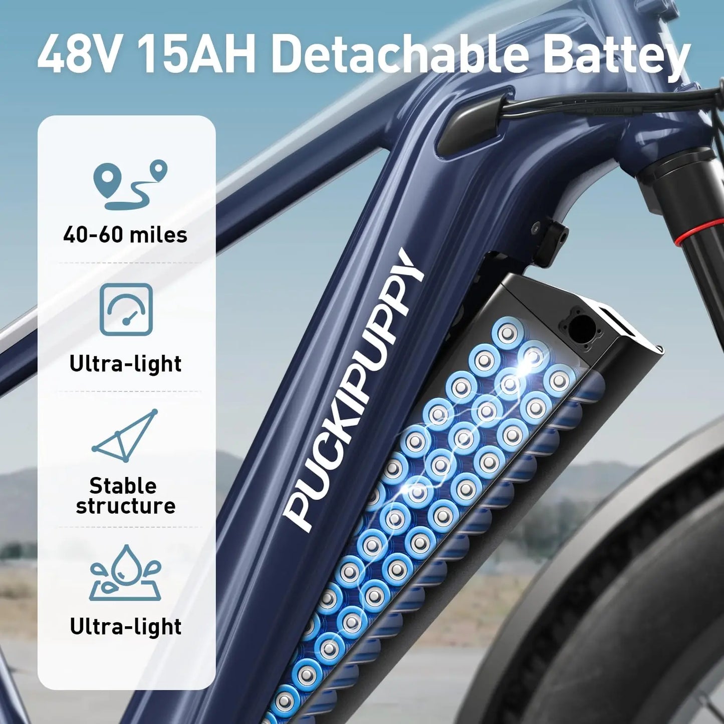 PUCKIPUPPY Beagle 2 Electric Bike With 960W Peak 26" Fat Tire Electric Mountain Bike 28MPH 48V 15AH Removable Battery Ebike