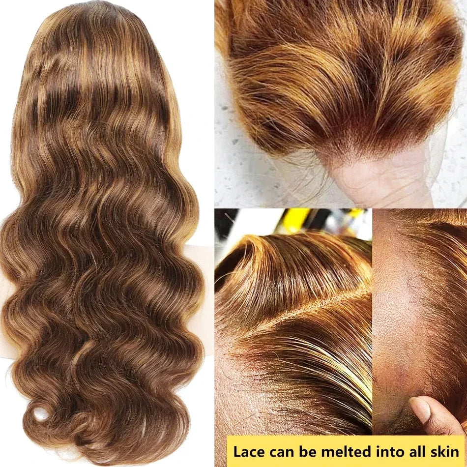 P4/27 Highlight  Brown Body Wave 13x6 Human Hair Wig Honey Blonde Colored 13x4 HD Lace PrePlucked 40 46 Inch Wigs For Women