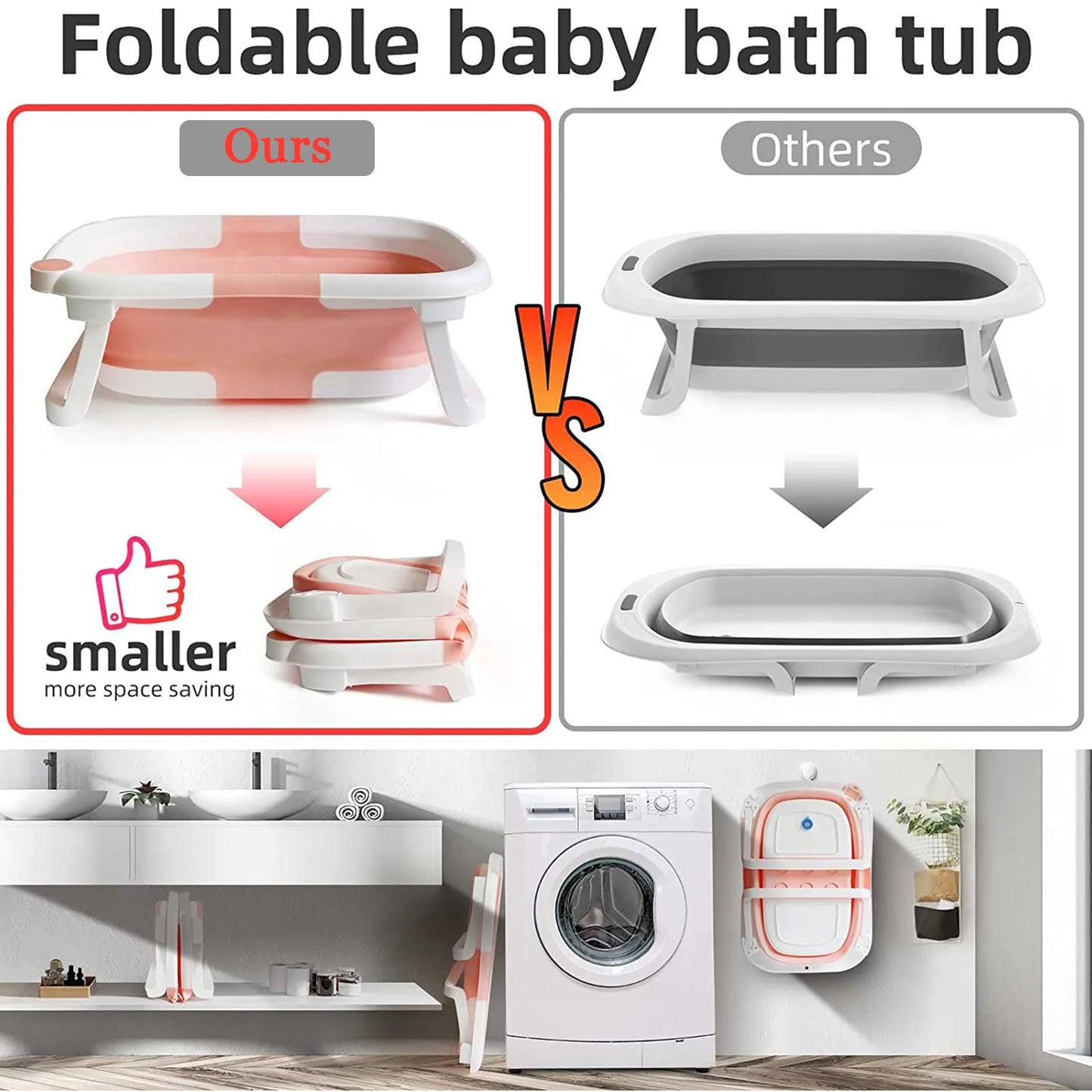 Foldable Baby Bath Tub with Bath Cushion Infant Tub with Thermometer Non-Slip Collapsible Baby Bathtub Newborn to Toddler