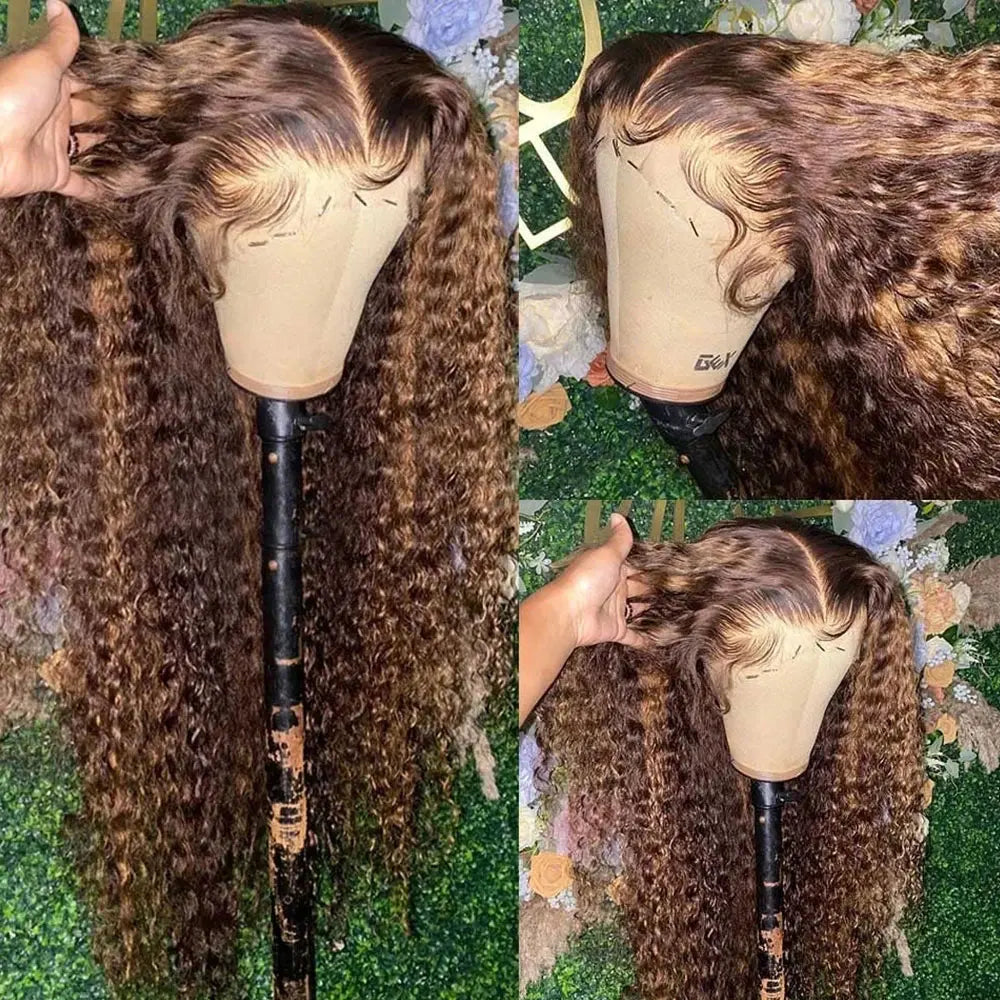 Ombre Highlight Curly Lace Front Human Hair Wigs 250% 13x4 HD Transparent Deep Wave Frontal Wig P4/27 5x5 Gluless Closure Wigs