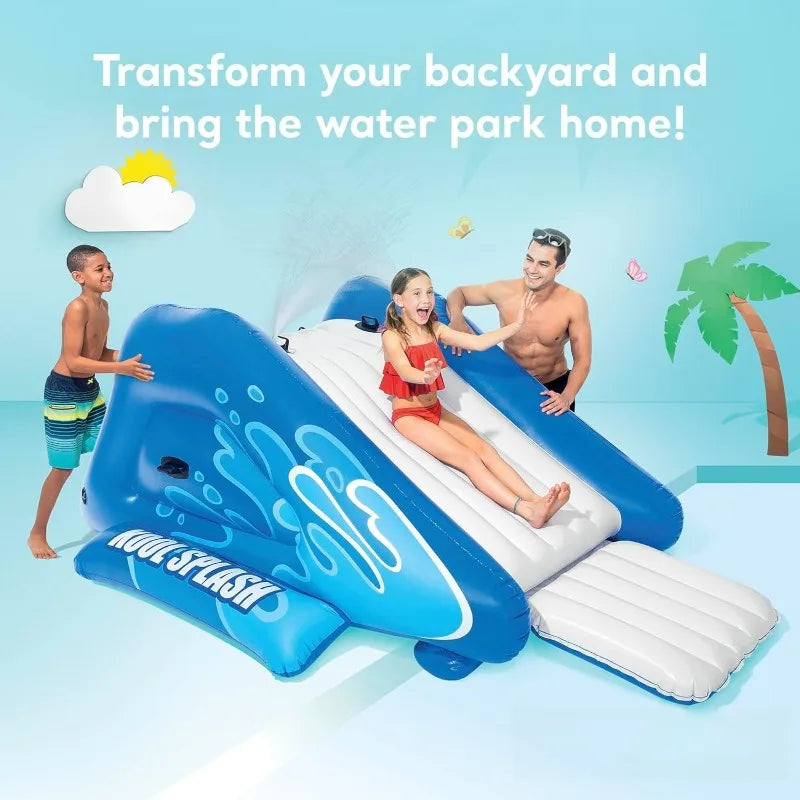 NEW Inflatable Water Slide Swimming Pool Play Center with Built in Sprayers for Kids and Adults, Ages 6 and Up, Blue