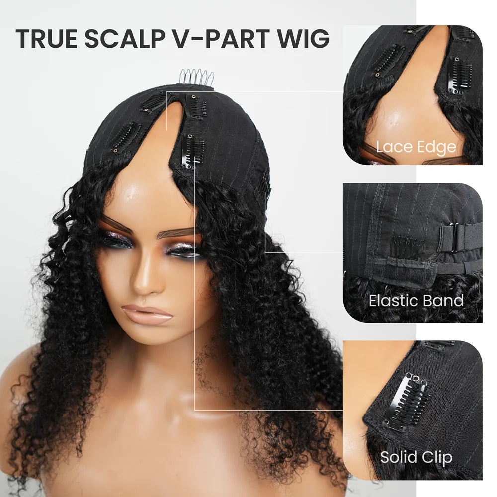 Silkwave V Part Wig Human Hair Knky Curly Glueless Wig For Black Women No Leave Out Easy Blend Clip In Half Deep Wave V Part Wig