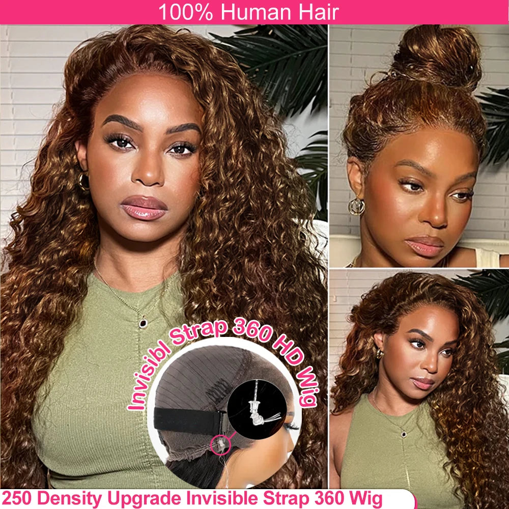 250 Density Deep Wave 360 Lace Front Human Hair Wig Water Wave Colored Lace Frontal Wig Chocolate Brown Glueless Wig Human Hair