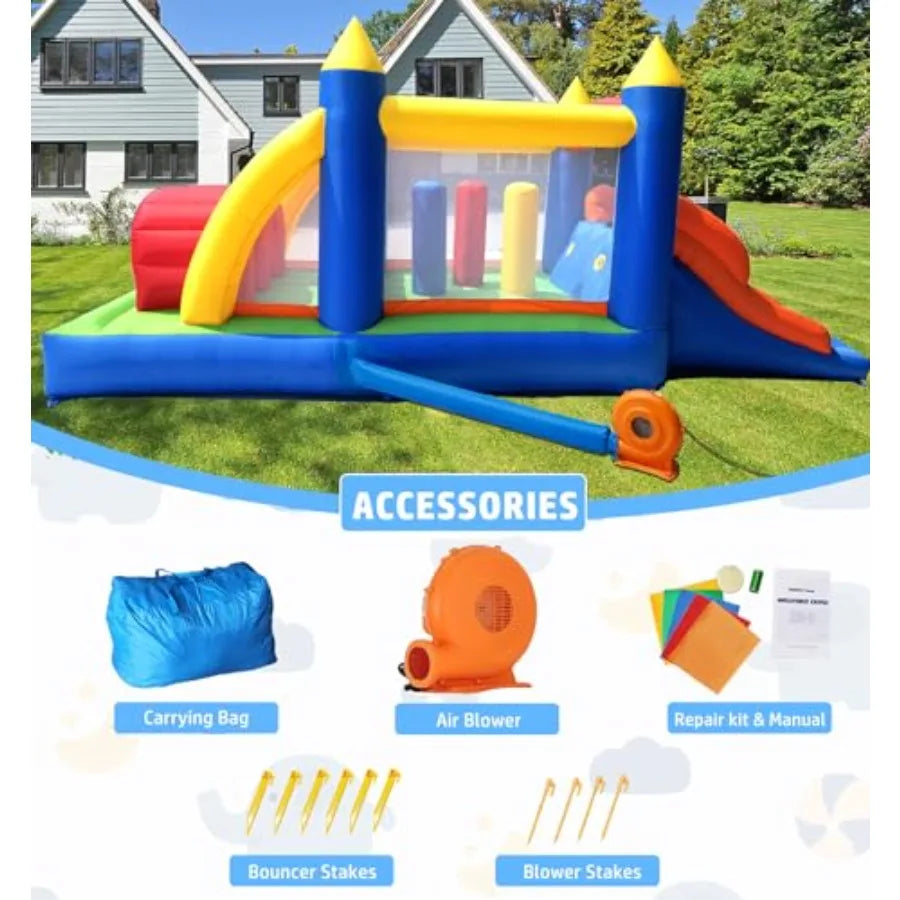 16.3x7.2FT Kids Inflatable Obstacle Bounce House with Dual Racing Slides, Crawl Tunnels, Climbing, Obstacles, Jumping All in One