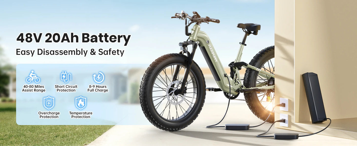 PUCKIPUPPY Boxer-ST Electric Bike 960W 48V 20AH Electric Bicycles 26" x 4" Fat Tire Full Suspension Ebike with 2-Year Warranty