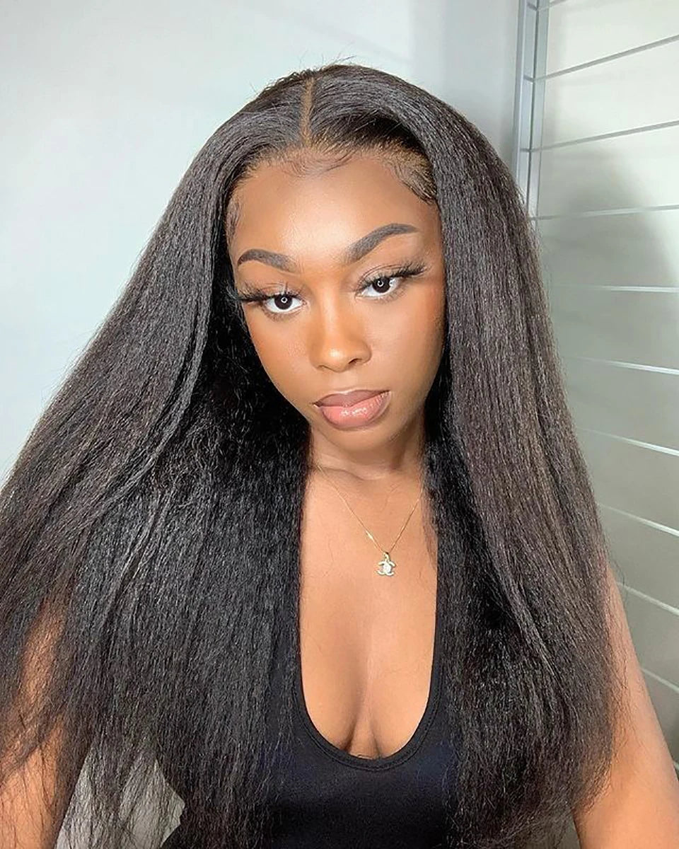 Yaki Kinky Straight Glueless Wigs Human Hair Ready To Wear Preplucked 4C Edges 13x6 HD Lace Frontal Wig Human Hair For Women 200
