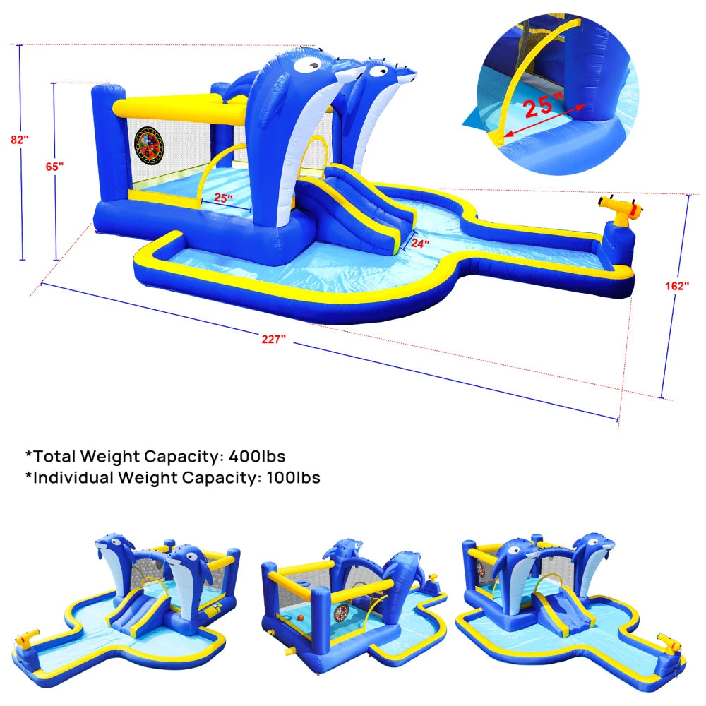 6 in1 Inflatable slide water park trampoline bouncing house outdoor garden with  Dolphin sprinkler & Target games & Water gun