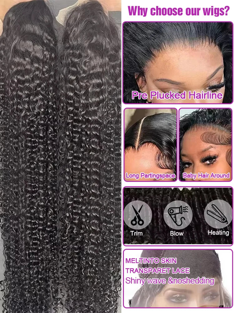46 Inch Curly Wigs Deep Wave Human Hair 13x6 Lace Frontal Wigs 300% Density Glueless Wigs Human Hair 13x4 360 HD Lace Front Wigs