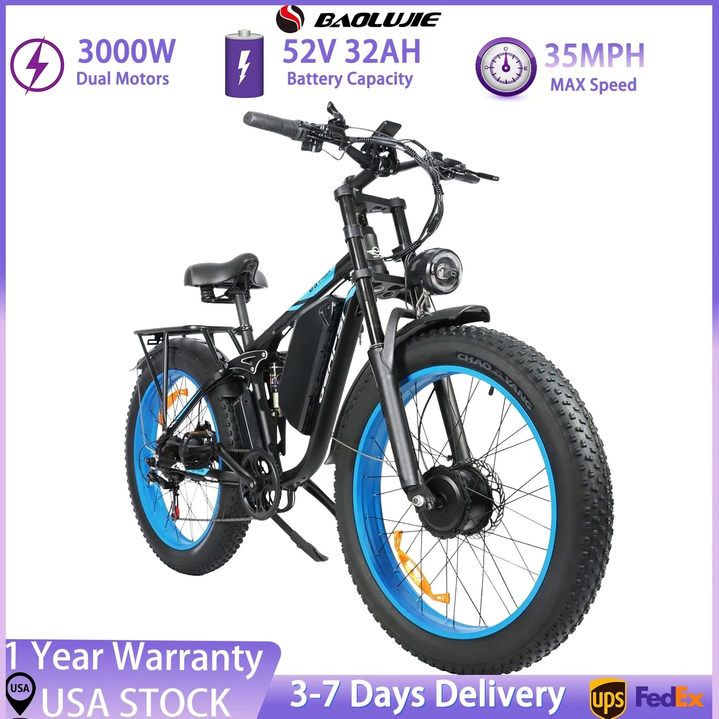 BAOLUJIE 2603 Electric Bicycle,Adult E-Bike ebike with 3000W Two Motors, 52V32AH Battery,26" Tire Electric Bike【1 Year Warranty】