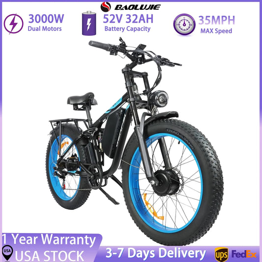 BAOLUJIE 2603 Electric Bicycle,Adult E-Bike ebike with 3000W Two Motors, 52V32AH Battery,26" Tire Electric Bike【1 Year Warranty】