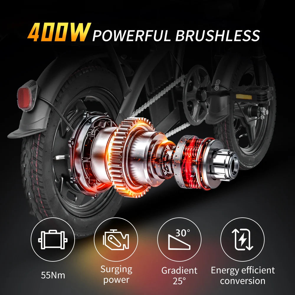 DEEPOWER Electric Bike for Adult 600W Peak Motor, 21MPH Folding Ebike, 14" Electric Bicycles, 3 Levels Assist, Multi-Shock Ebike