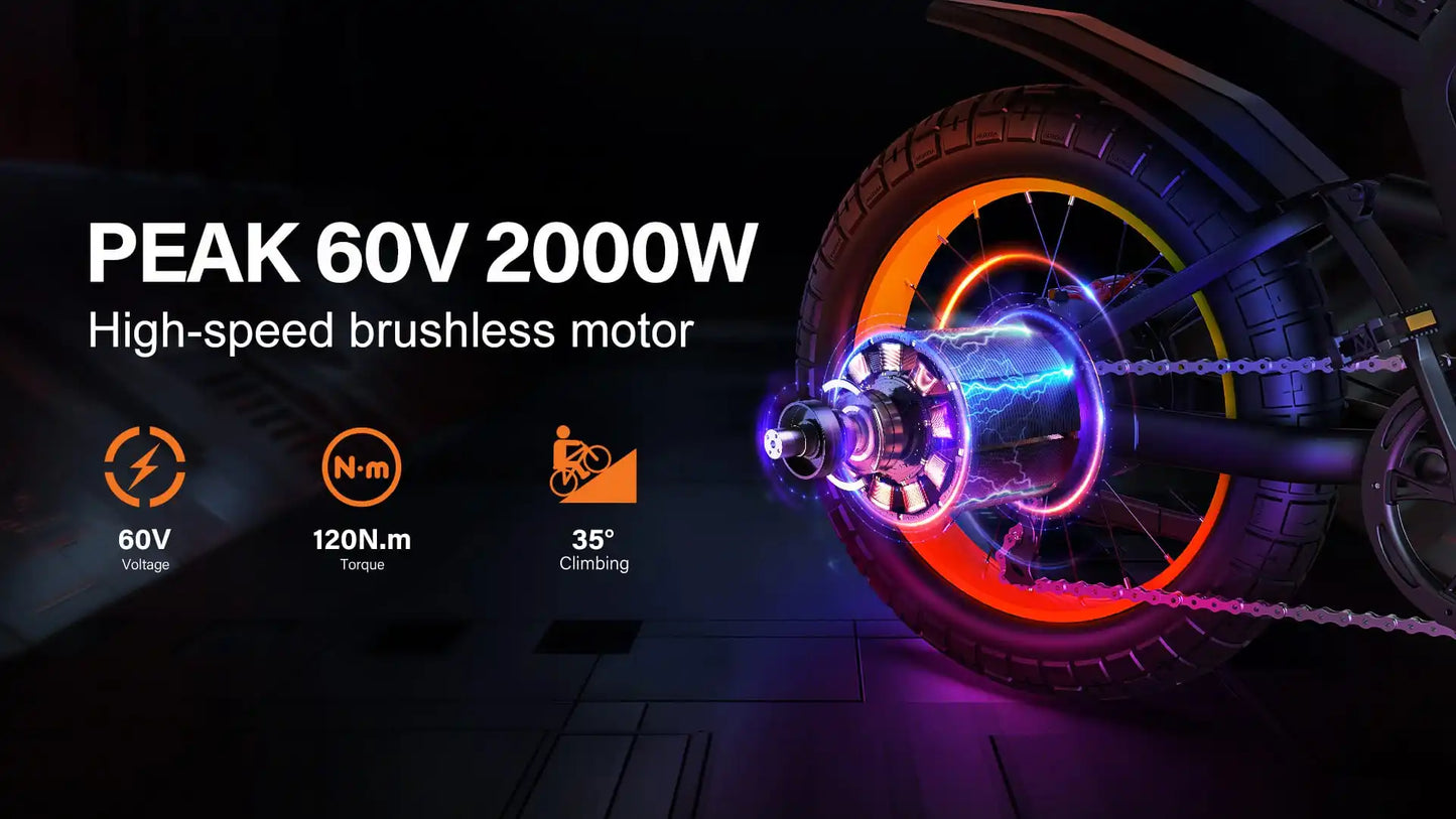 Electric Off-Road Bike COSWHEEL GT20 Max 20" 2000W 40Mph 60V 40AH(25+15) 140Mile 7 Speed Adult Unisex Full Suspension