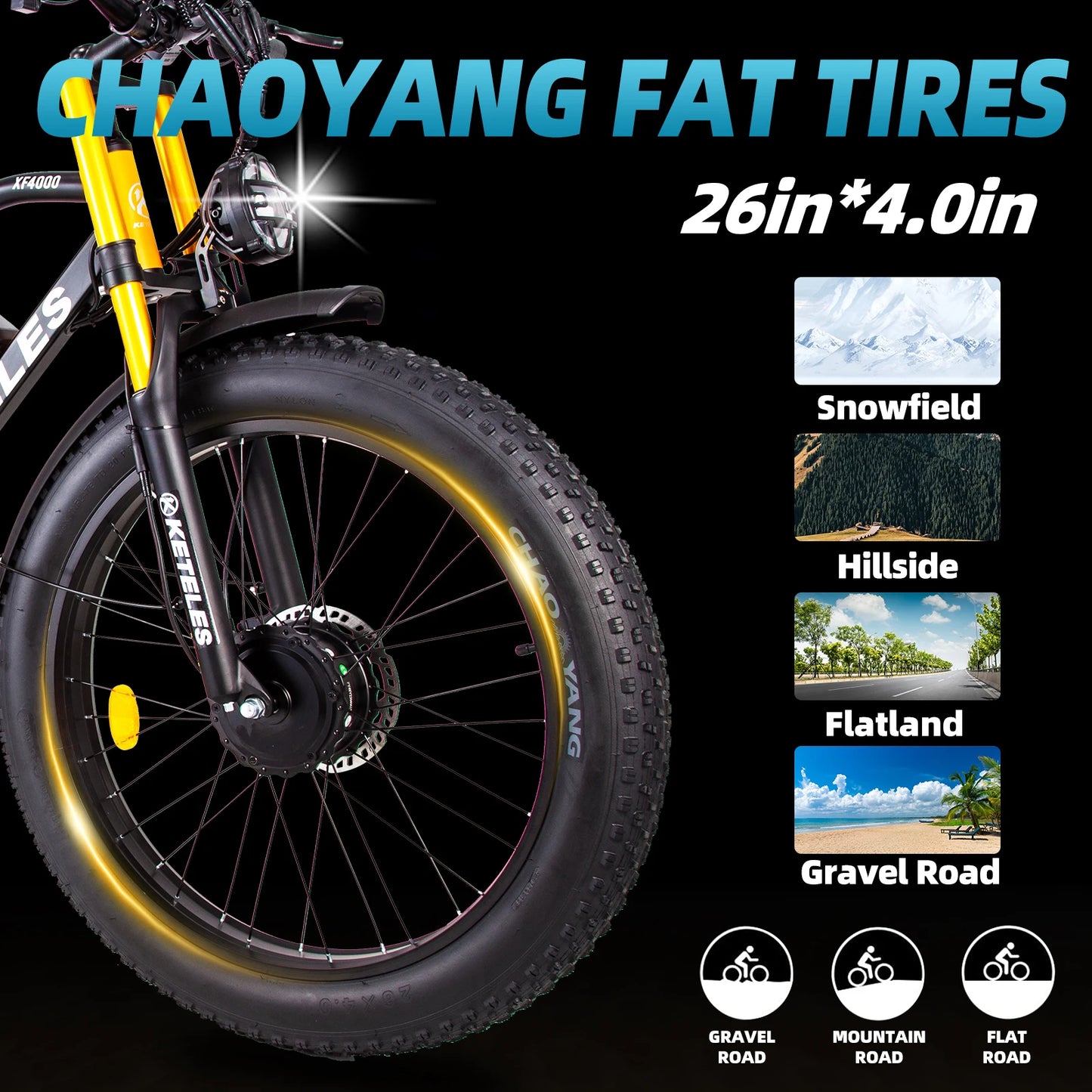 2000w Dual Motor 23ah E-bike KETELES Brushless 30MPH Aluminium Alloy 26 inch Hydraulic Disc Brake with Power Cut-off Feature