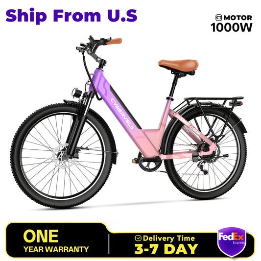 Cybervelo EK2 48V 1000W Peak Motor, Removable Battery 7-Speed Shift Urban Commute EBike, 26" City Ride Long Range Electric Bike