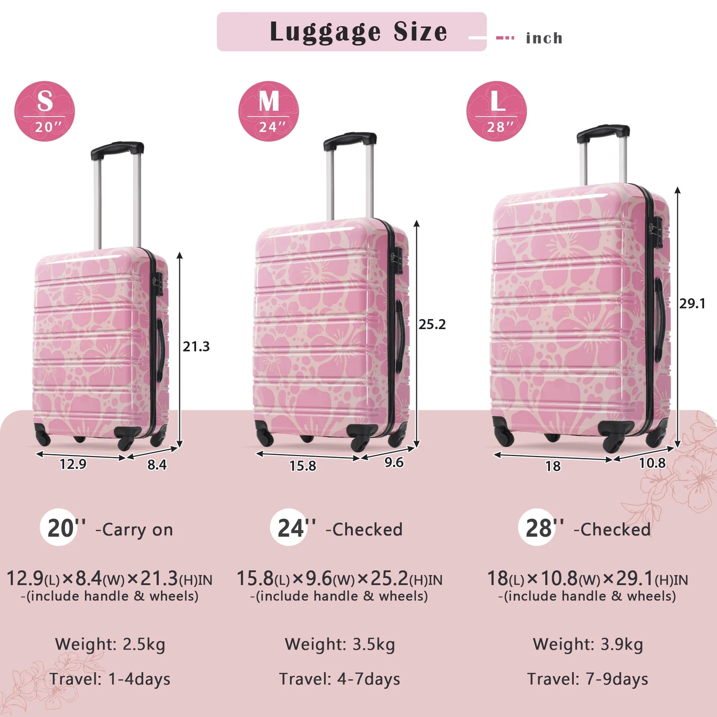 Hardshell Luggage Sets 3 pcs Spinner Suitcase with TSA Lock Lightweight-20"+24"+28" Luggages