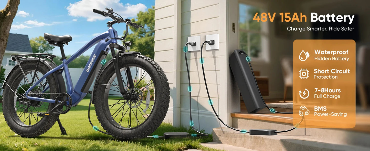 QRONGE Thunder Electric Bike for Adults 1800W Peak 48V 15AH Battery E bike 28MPH(PAS Mode) Electric Bicycles 26" Fat Tire E-Bike