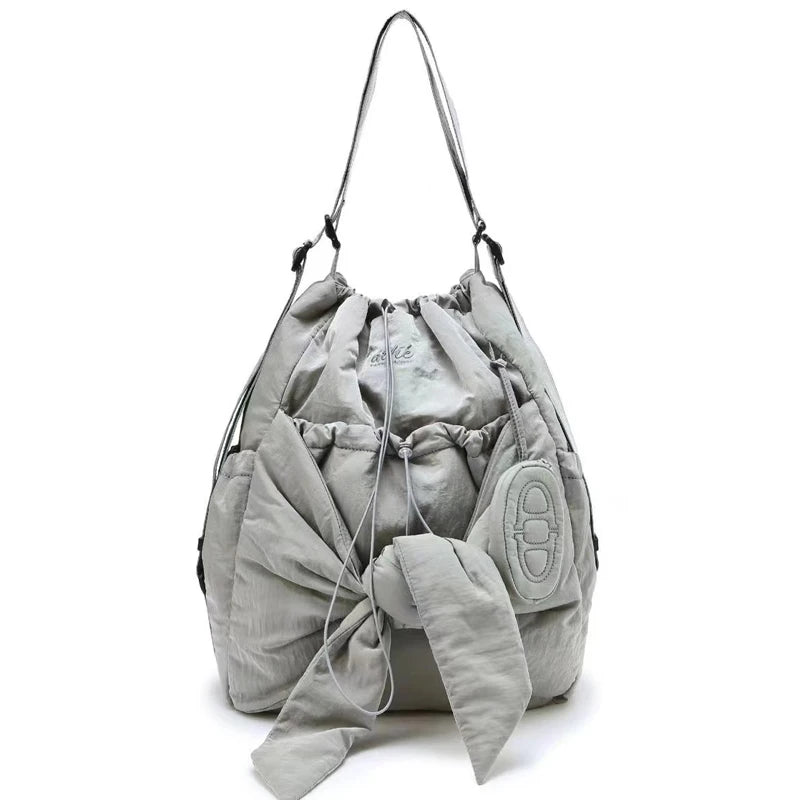 Women Simple Shoulder Bag Large Capacity Bow Daily Tote Handbag Solid Color Casual Backpack Ladies Travel Backpack