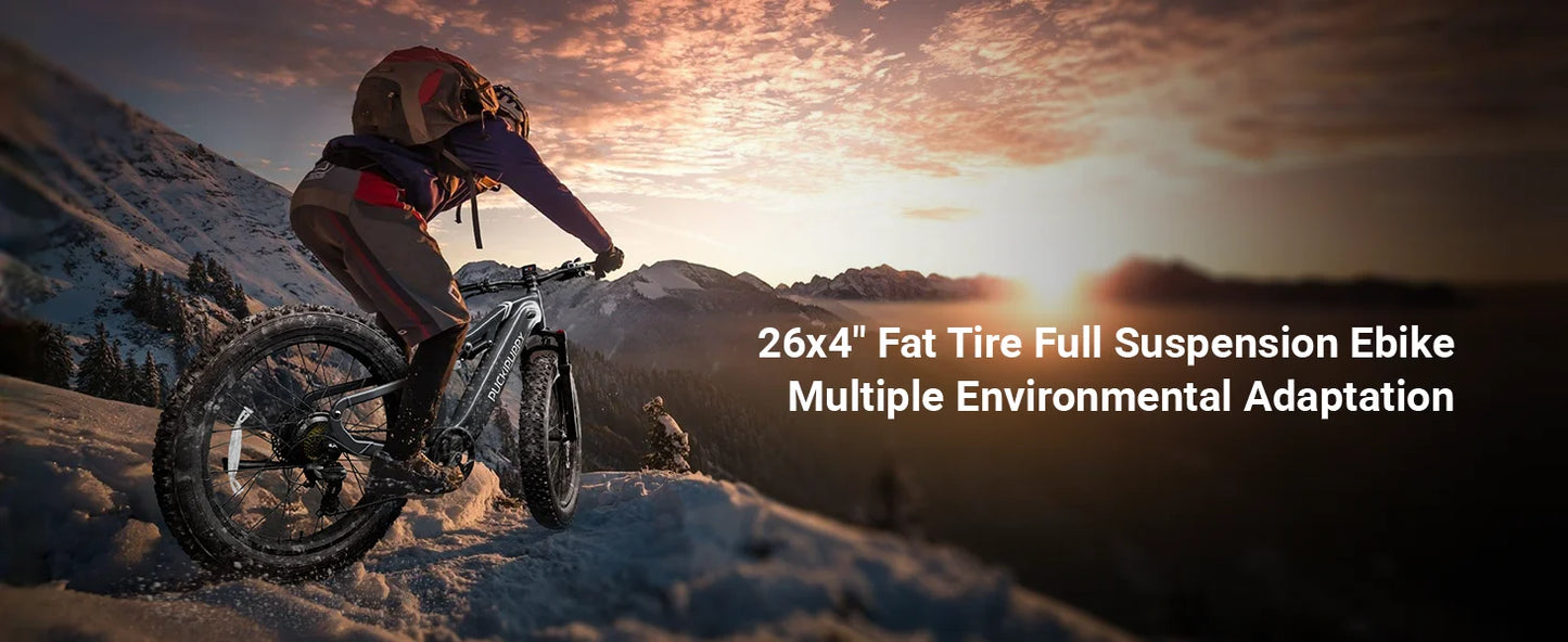 PUCKIPUPPY Electric Bike for Adults 26" Fat Tire 8 Speed 28 MPH Full Suspension Electric Mountain Bike 1350W Peak 48V 20AH Ebike