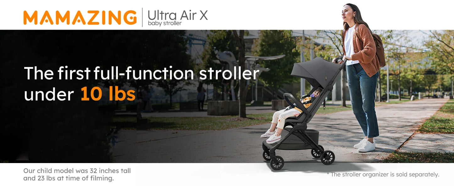 Ultra-Lightweight Travel Stroller - 9.9lbs Carbon Fiber Frame, UPF50+ Canopy & 5-Point Safety Belt(MAMAZING Ultra Air X, Black)