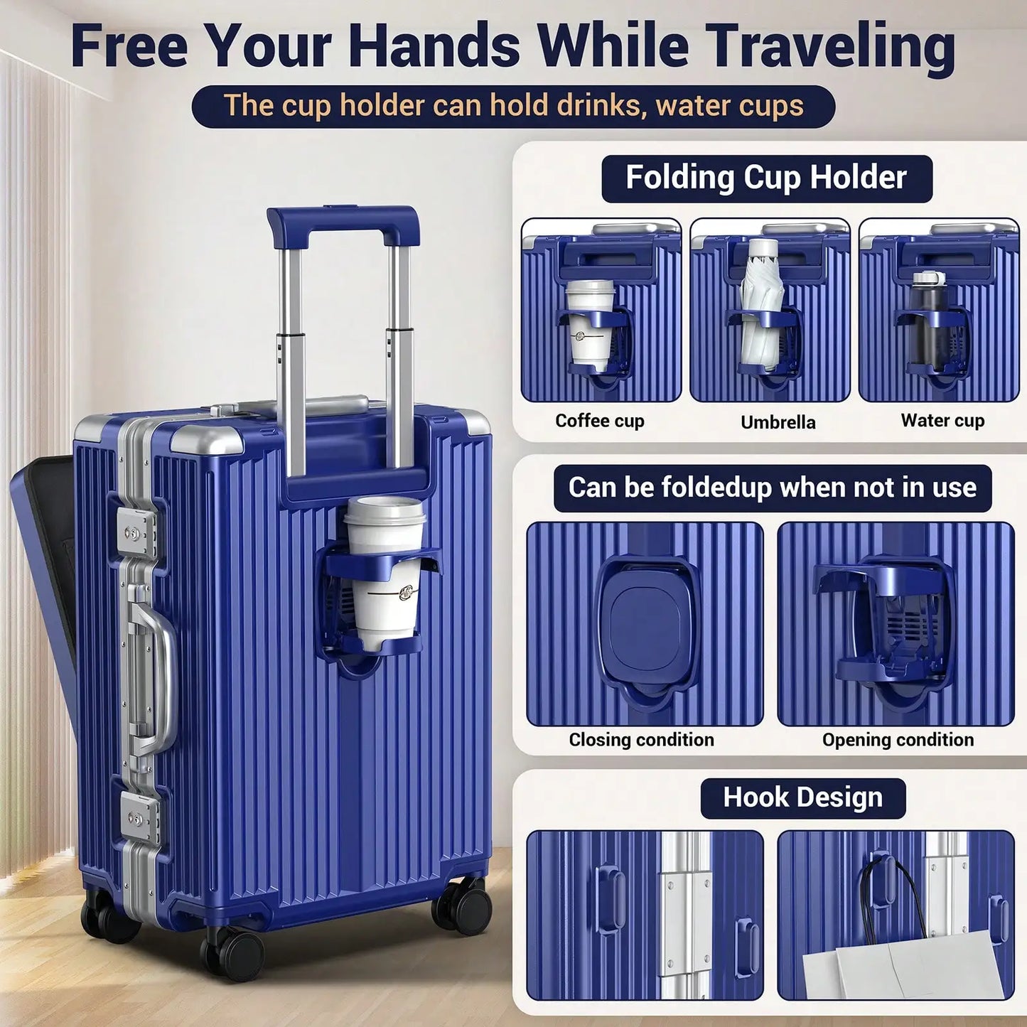 Aluminum Framed Carry On Luggage, Airline Approved 22x14x9" Suitcase with Spinner Wheels, Front Laptop Compartment & Cup Holder