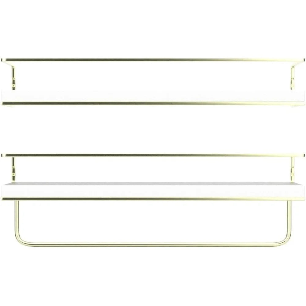Wall Mounted Floating Shelves Set of 2 with Golden Towel Rack Decorative Storage Organizer Bathroom Kitchen Living Room