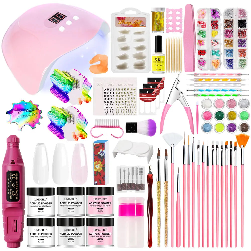 Nail Glitter Acrylic Powder Set for Beginner Manicure Crystal 3D Art DIY Carving Kit with Nails Lamp and Drill Professional Tool