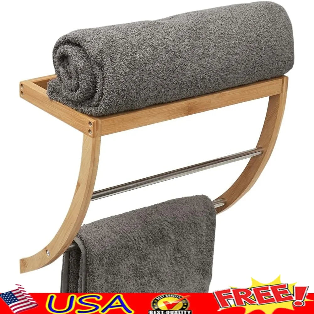 Bamboo Wall Mount Shelf with 2-Tier Towel Rack Open Slanted Organizer Durable Eco-Friendly Storage Solution Easy Installation