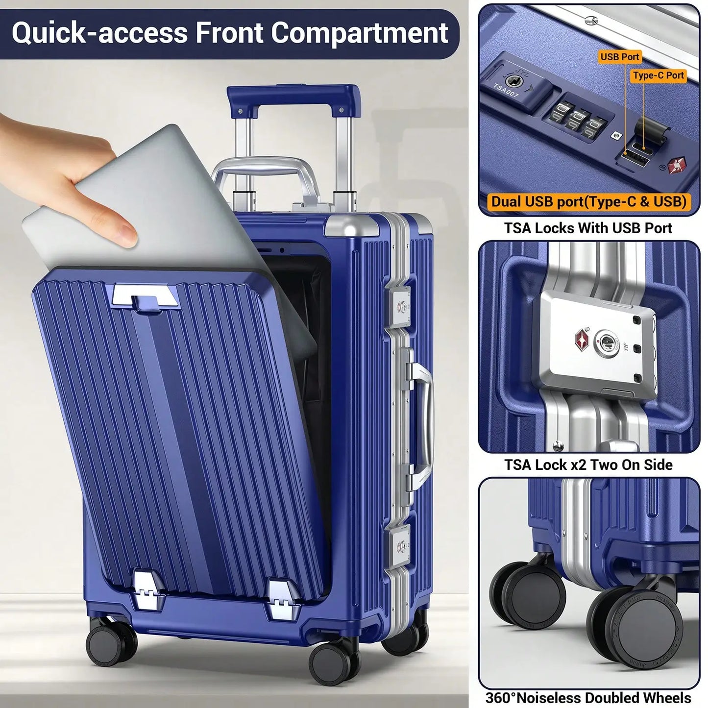 Aluminum Framed Carry On Luggage, Airline Approved 22x14x9" Suitcase with Spinner Wheels, Front Laptop Compartment & Cup Holder