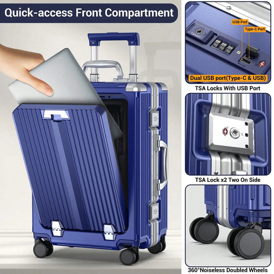 Aluminum Framed Carry On Luggage, Airline Approved 22x14x9" Suitcase with Spinner Wheels, Front Laptop Compartment & Cup Holder