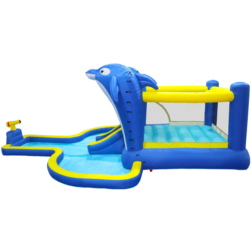 6 in1 Inflatable slide water park trampoline bouncing house outdoor garden with  Dolphin sprinkler & Target games & Water gun