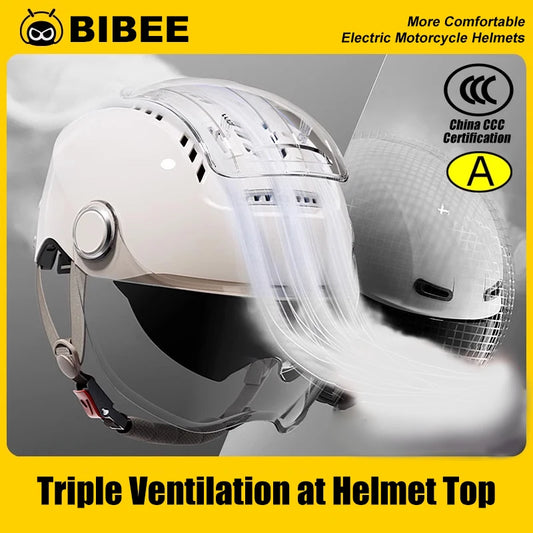 BIBEE Electric Motorcycle Helmet Summer Breathable Electric Bike Open Face Helmet Men Women Dual Lenses Jet Scooter Half Helmets