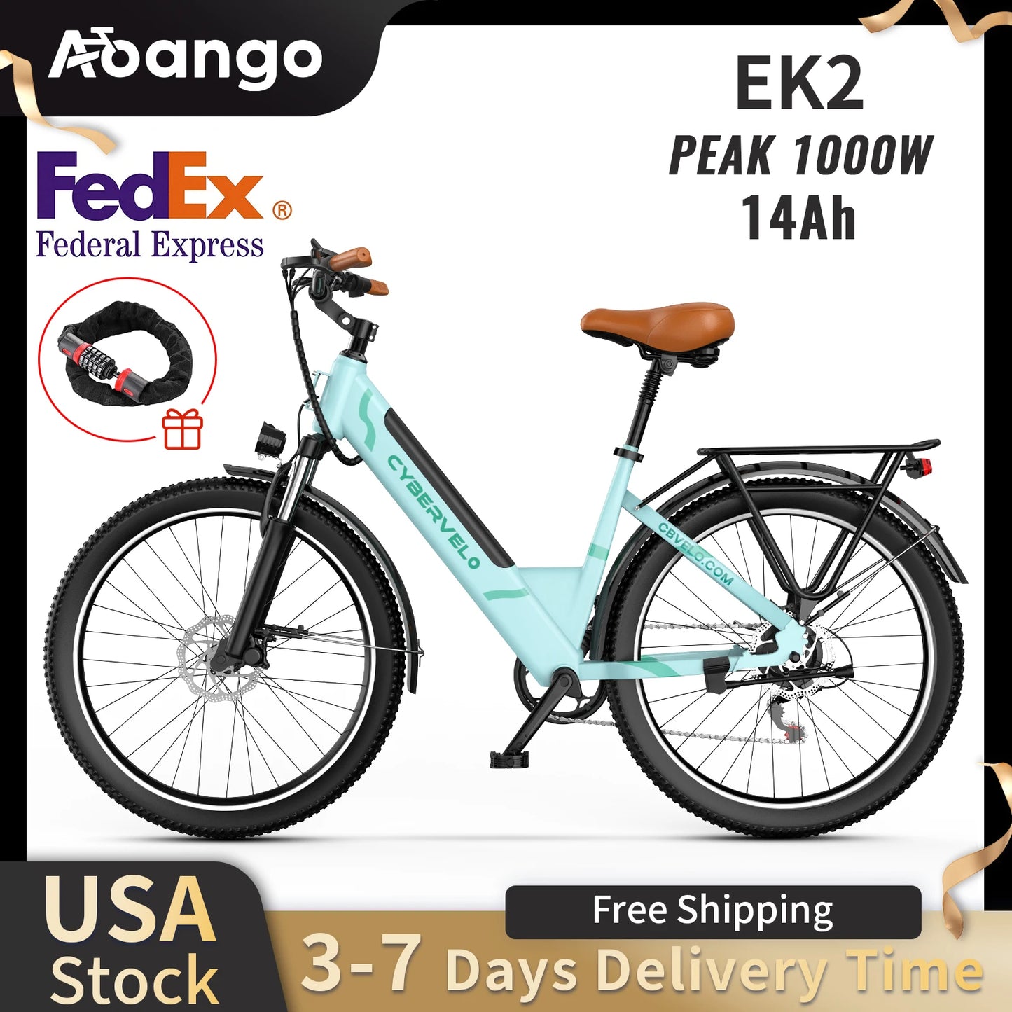 Cybervelo EK2 Peak 1000W 26 inch Electric Bicycle, Lithium Removable Battery Ebike with 7-Speed for Adults Womens All Terrain