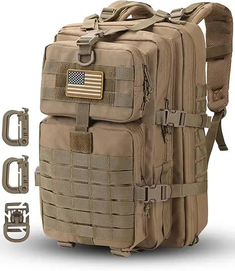 MOLLE Assault Pack, Tactical Backpack Military Army Camping Rucksack, 3-Day Pack Trip w/USA Flag Patch, D-Rings, Coyote