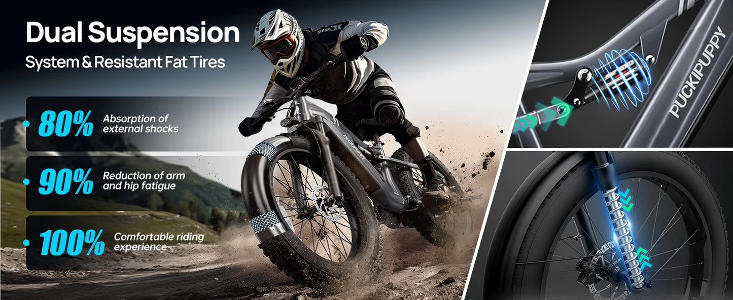 PUCKIPUPPY Electric Bike for Adults 26" Fat Tire 8 Speed 28 MPH Full Suspension Electric Mountain Bike 1350W Peak 48V 20AH Ebike