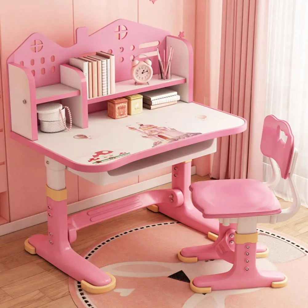 Kids Functional Desk Chair Set Height Adjustable Children School Study Desk with Castle Backboard, Widened Desktop, Bookstand