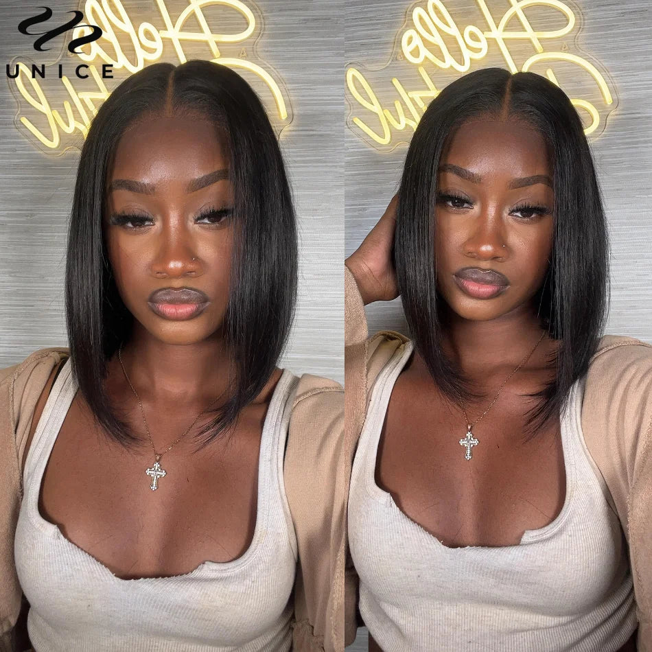 UNice 7x5 Pre Cut Pre Bleached Glueless Wig Human Hair Bone Straight & Yaki Straight Bob Wigs 150% Density