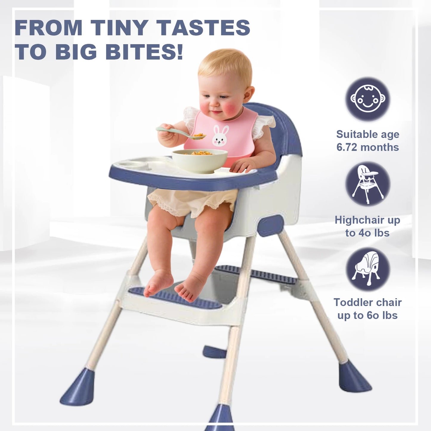 Foldable Baby High Chair 6 Months Plus with Large Antislip Pad & ToyRack Easy to Clean Feeding E500 With Brakeable Wheel