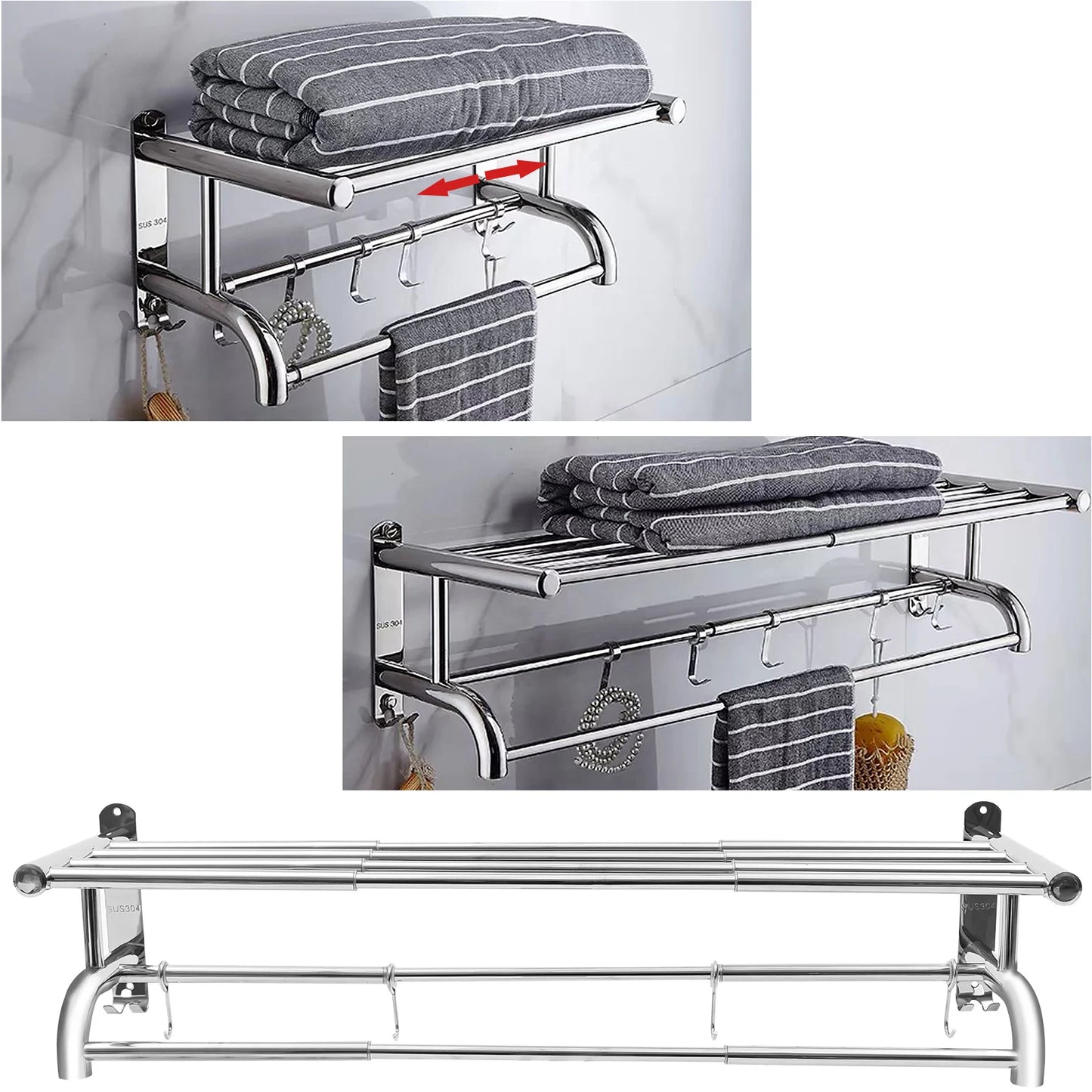 Stainless Steel Bathroom Towel Adjustable Width Holder Storage Shelf Wall Mounted Towel Rack Home Hotel Wall Shelf for Kitche