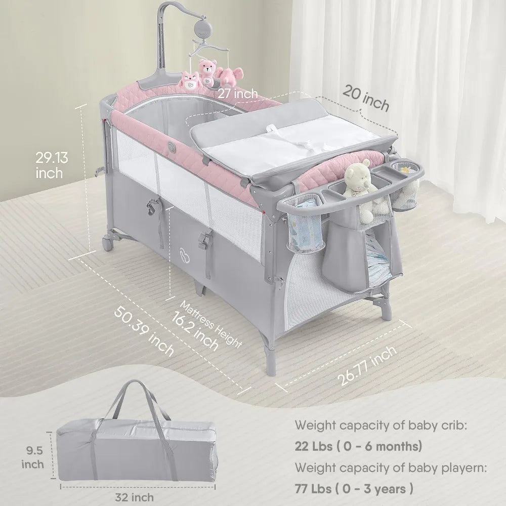 L Baby Bassinet Bedside Crib, Pack and Play with Mattress, Diaper Changer and Playards from Newborn to Toddles, Pink