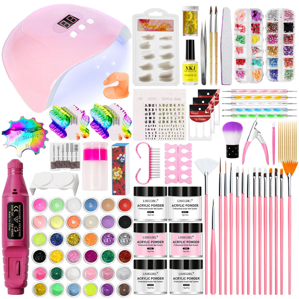 Nail Glitter Acrylic Powder Set for Beginner Manicure Crystal 3D Art DIY Carving Kit with Nails Lamp and Drill Professional Tool
