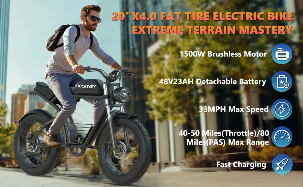 Kickwey K7 Adult Electric Bike 1500W Motor 7-Speed Dual Disc Brakes Full Suspension Ebike 20x4 Wide Tire 50-Mile  E Bike