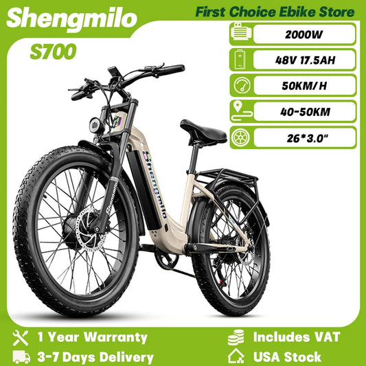 Shengmilo S700 Adult Journey Ebike 2000W 48V 17.5Ah Hydraulic Disc Brakes Electric Bicycle 26*3.0" Tire Mountain Electric Bike