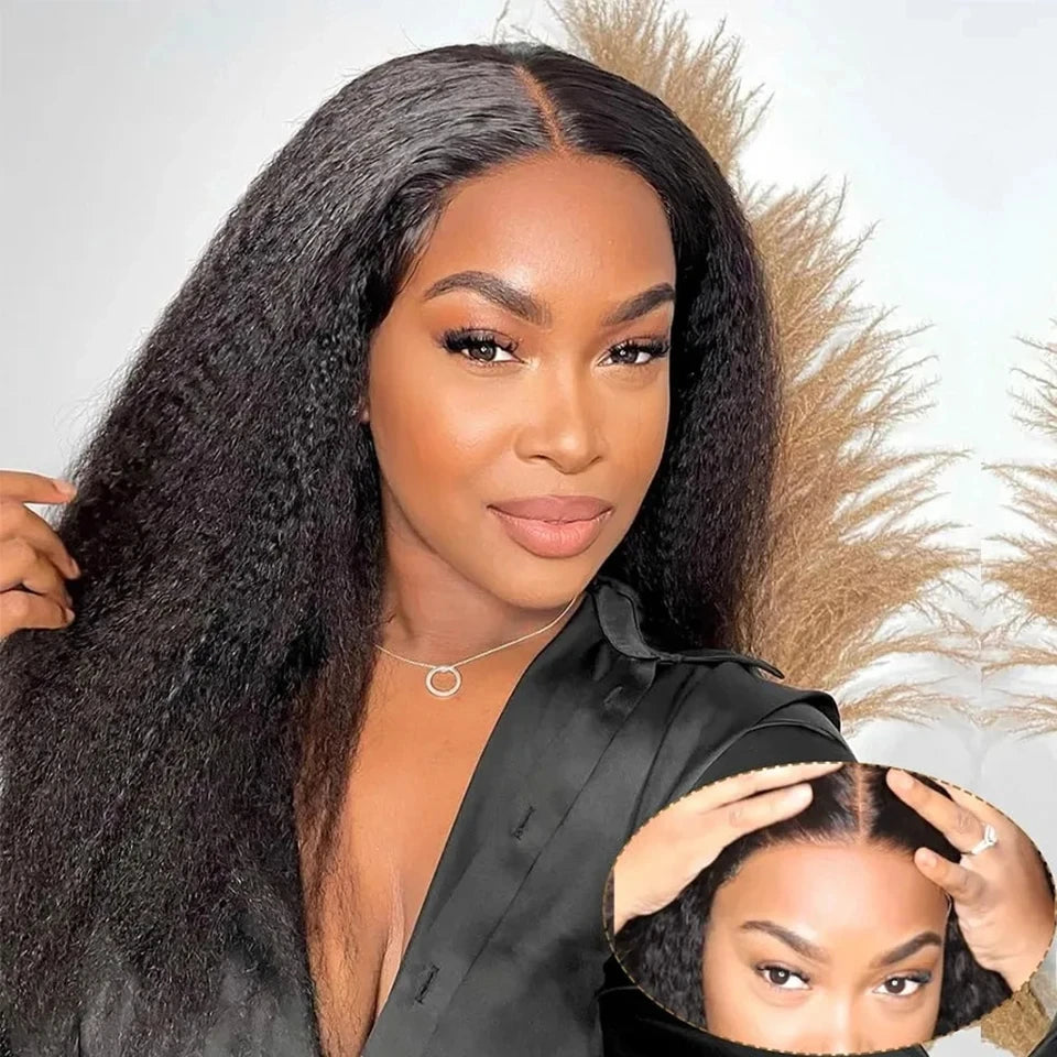 Yaki Kinky Straight Glueless Wigs Human Hair Ready To Wear Preplucked 4C Edges 13x6 HD Lace Frontal Wig Human Hair For Women 200