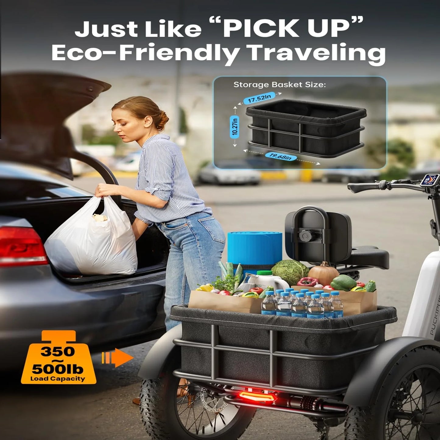 PUCKIPUPPY Electric Tricycle for Adult with 960W Peak Motor 60 Miles Range Pickup Class Trike 500 Lbs Load Electric Trike