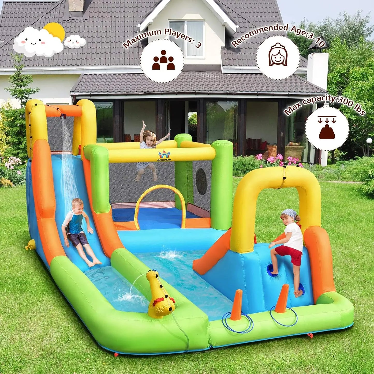 Inflatable Water Slide, 8 in 1 Mega Waterslide Park Bounce House for Outdoor Fun w/950W Blower, Long Slide, Splash Pool, Water S