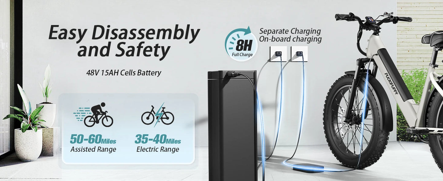 PUCKIPUPPY Electric Bike for Adults 960W Peak 48V 15AH Electric Bicycle 7 Speed All Terrain 26" Fat Tire Front Suspension E-Bike