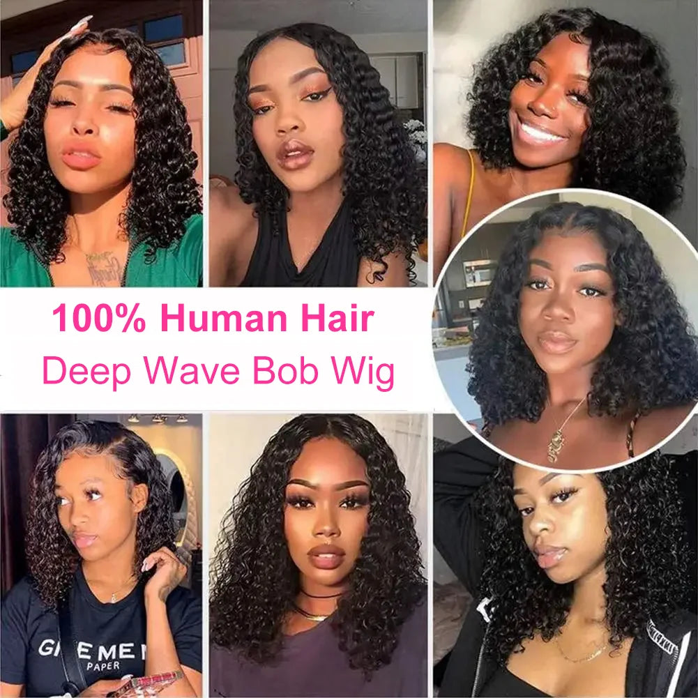 Brazilian Deep Water Wave Curly Bob 100% Human Hair Glueless Wigs Deep Wave HD Lace Front 13x4 13x6 Transparent Lace Frontal Wig